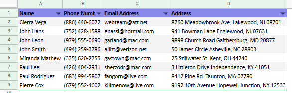 sorted address book contact list in google sheets