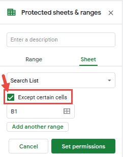 Check the box next to ‘Except certain cells’.