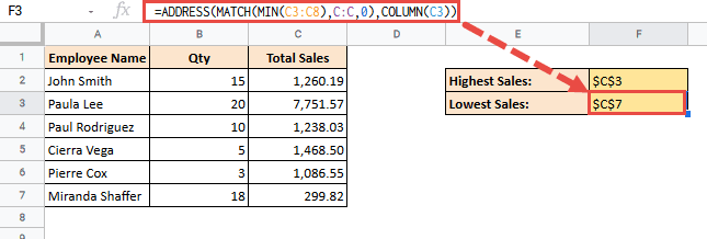 google sheets address function