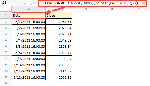 googlefinance function with date value