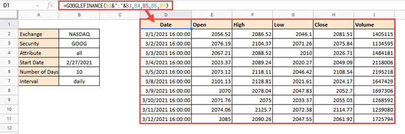 googlefinance formula