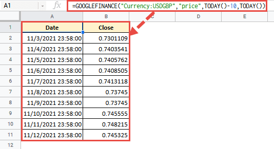 Using the GOOGLEFINANCE Function to Import Historical Currency Exchange Rates