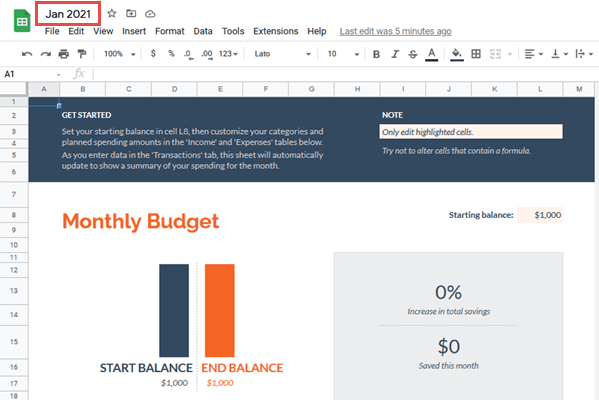 Jan 2021 monthly budget