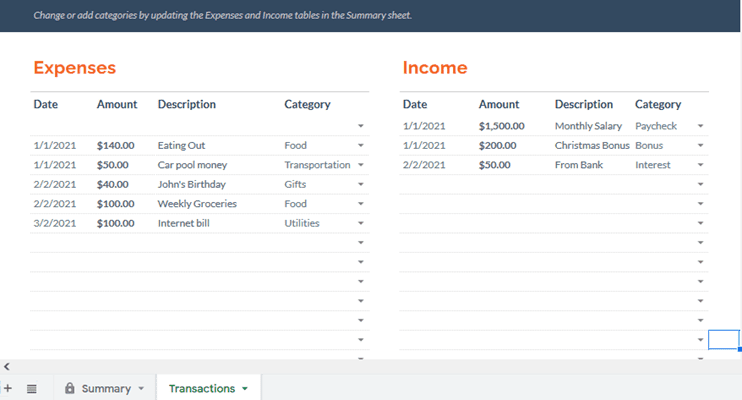 Select the Transactions tab. You can now start entering your income and expense transactions.