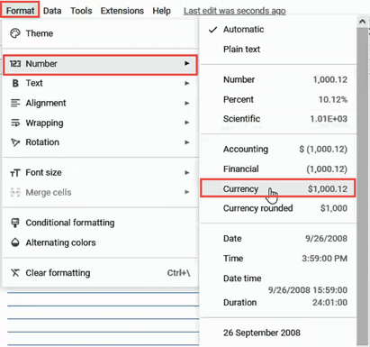 Format->Number->Currency.