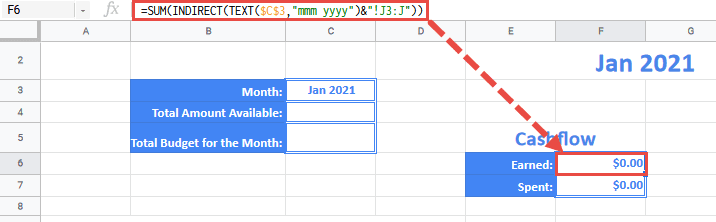 =SUM(INDIRECT(TEXT($C$3,"mmm yyyy")&"!J3:J"))