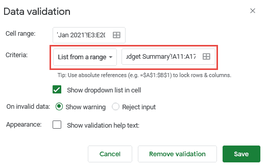 In the next input box, enter the range containing the category list. In our case, it is 'Expense / Budget Summary'!$A$11:$A$17’.