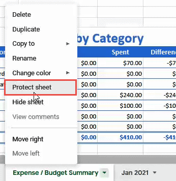 Select ‘Protect Sheet’.