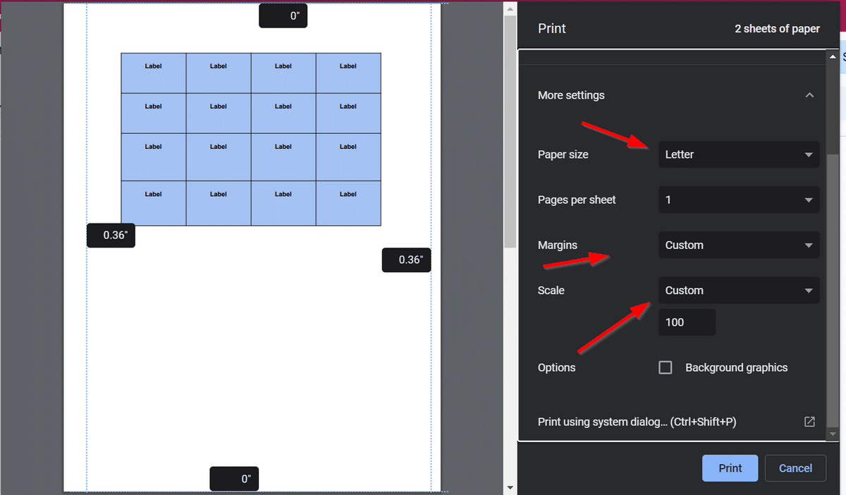 Print settings for labels