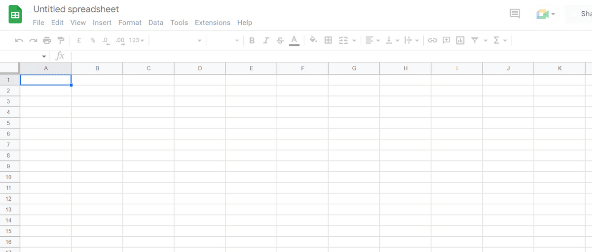 A blank Google Sheet