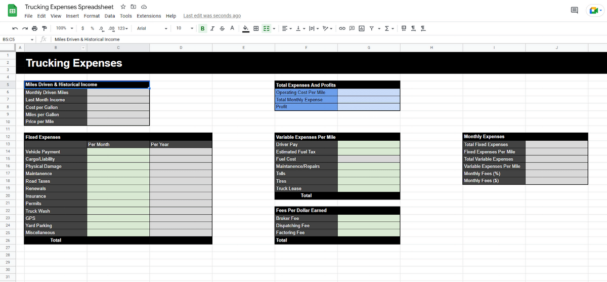 A completed trucking expenses spreadsheet template