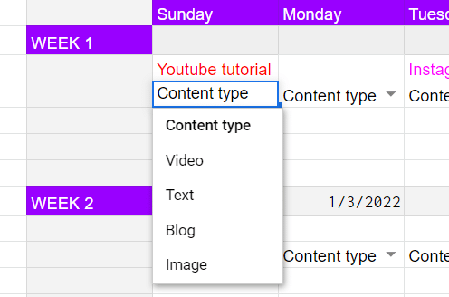 A drop down menu for the content type