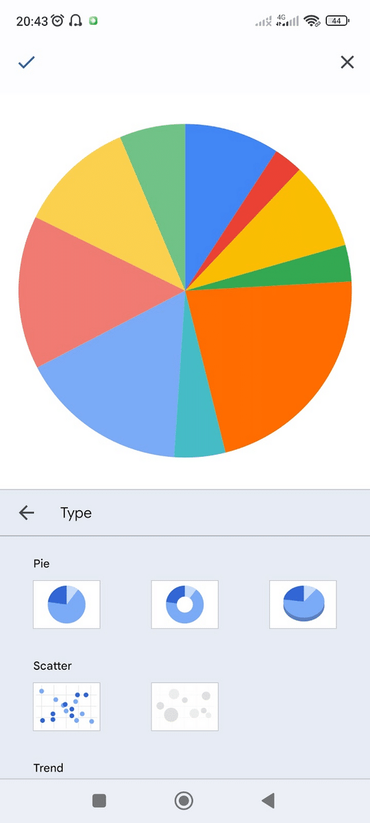 A pie chart on Google Sheets Mobile