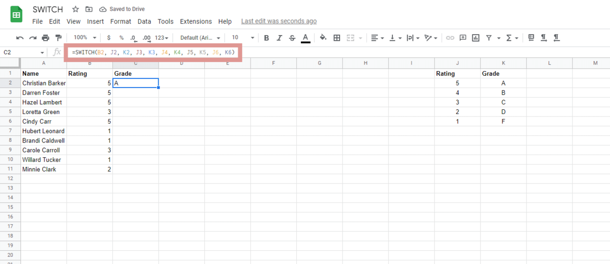 A screenshot highlighting how to do a Google Sheets SWITCH function