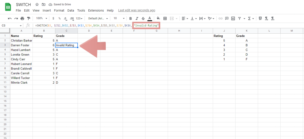 A screenshot showing what it looks like when you use the Default parameter in a SWITCH Google Sheets formula