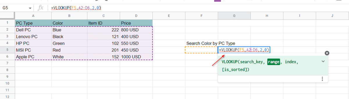 A Vlookup Google Sheets Function in action