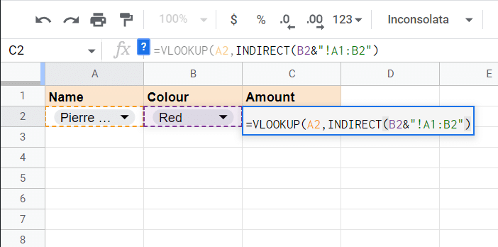 add the indirect formula which is the range from which to look up the data from the multiple sheets red, orange and blue.