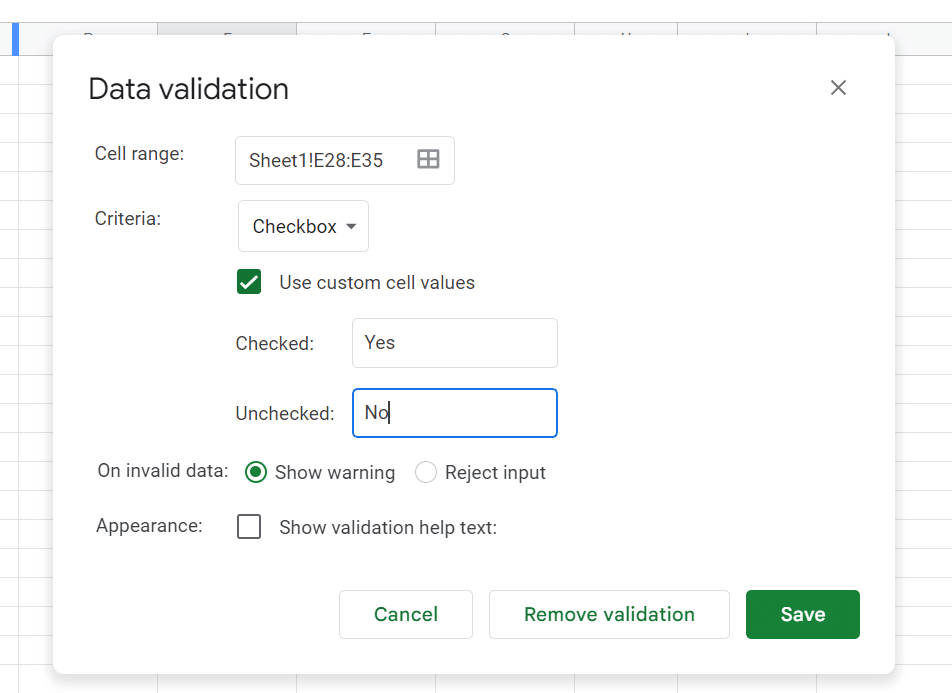 Add the values which you wish to assign to your checkbox. In this case for checked we chose “yes” and for unchecked “no”.