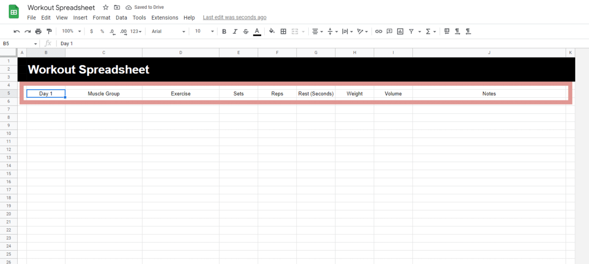 Add titles to the Google Sheets Workout Template