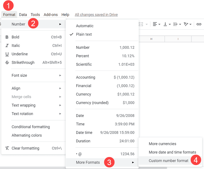 Adding a custom number format to the cells in Google Sheets