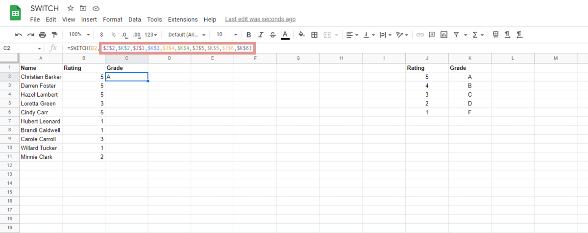 Adding absolute references to a SWITCH function in Google Sheets