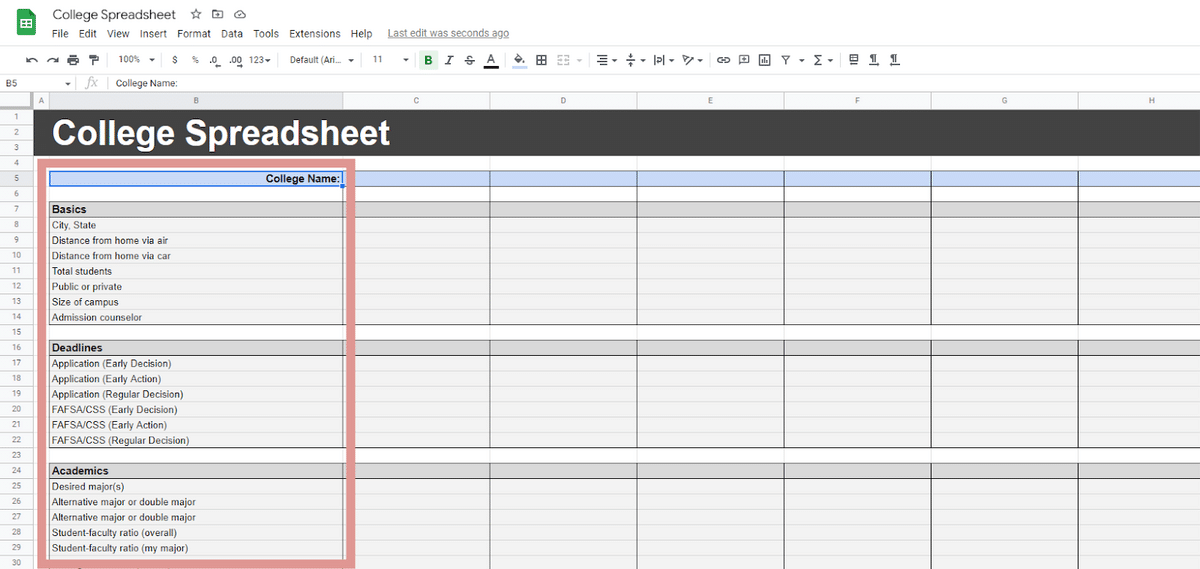 Adding data to the college application spreadsheet