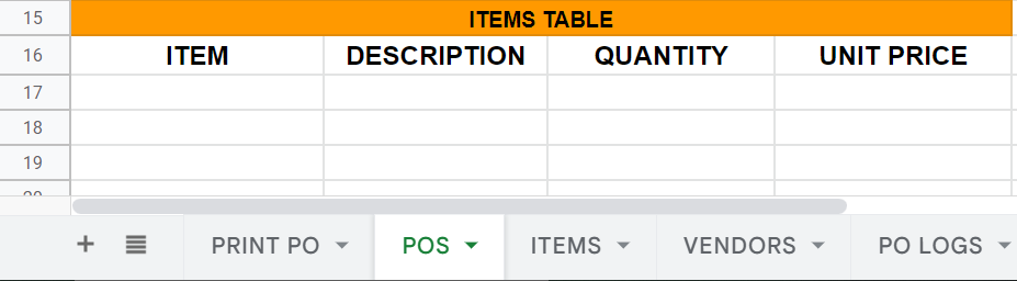 adding items table to purchase order sheets