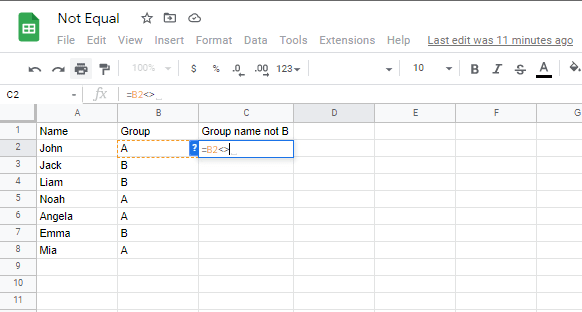 Adding the google sheets not equal to operator