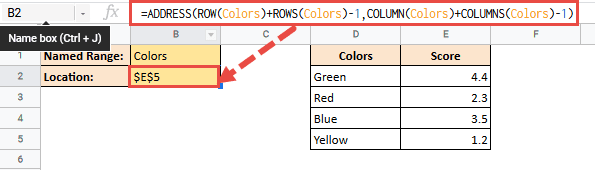 =ADDRESS(ROW(Colors)+ROWS(Colors)-1,COLUMN(Colors)+COLUMNS(Colors)-1)