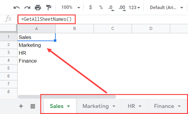 All Sheetnames using formula in Google Sheets