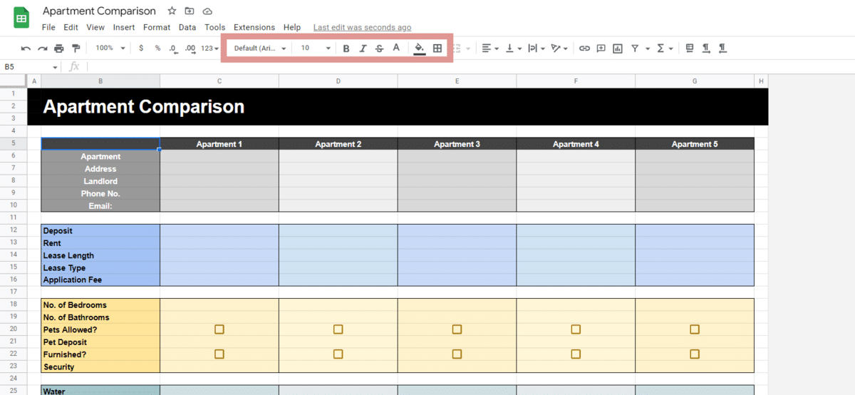 An example apartment hunting spreadsheet