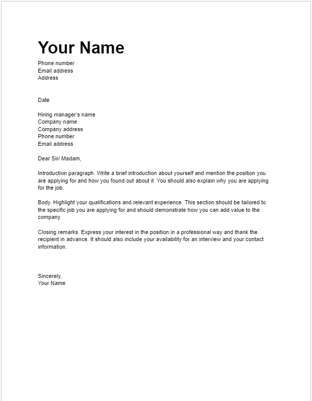 An example cover letter template for Google Docs