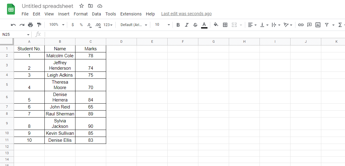 An example of an imported PDF to Google Sheets file