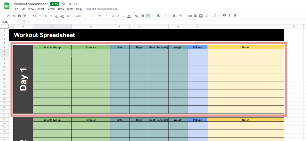 An example of the Muscle Groups workout sheet