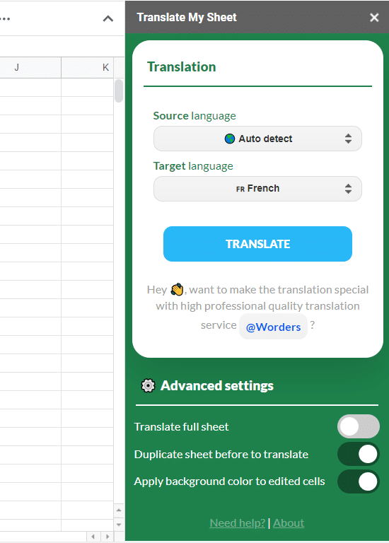 An example of the translate in Google Sheets add-on in action