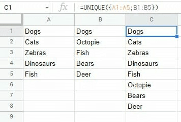 An example of using the unique function to combine columns