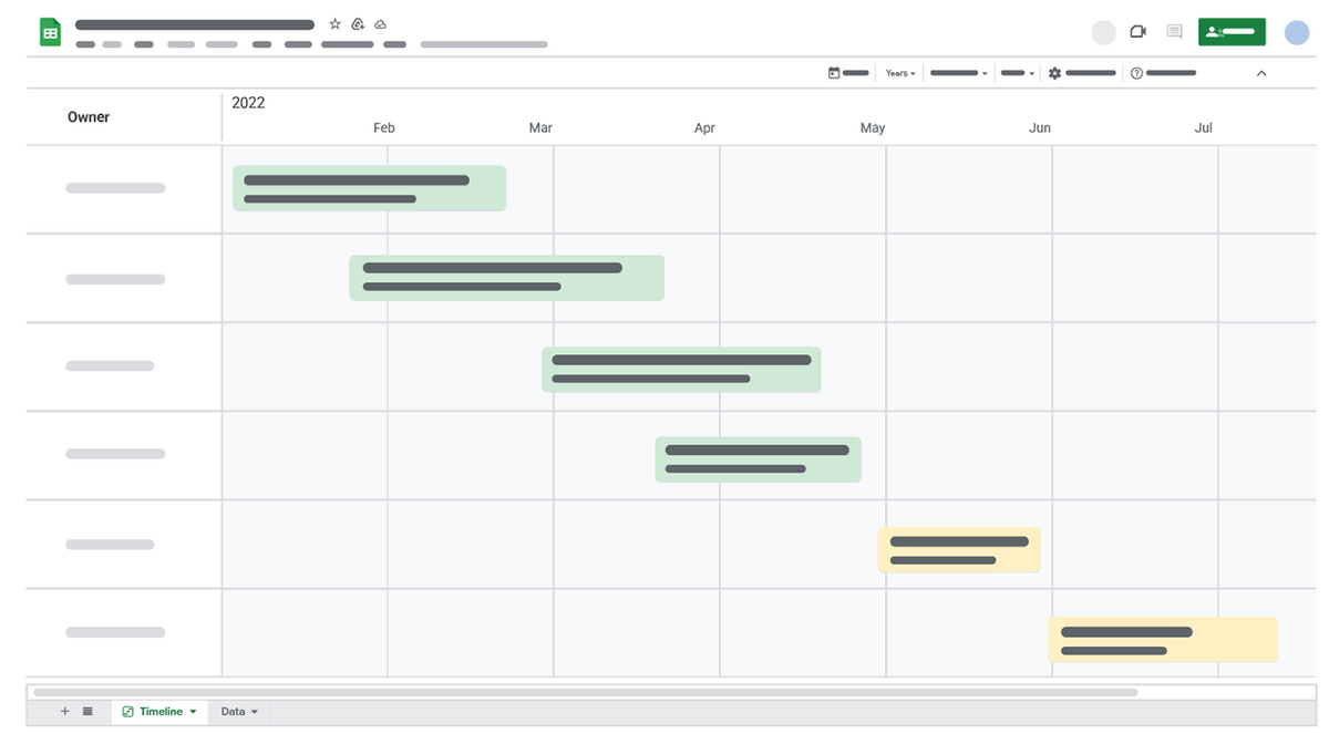 An example timeline Google Sheets view