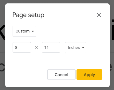 Apply the page set up dimensions