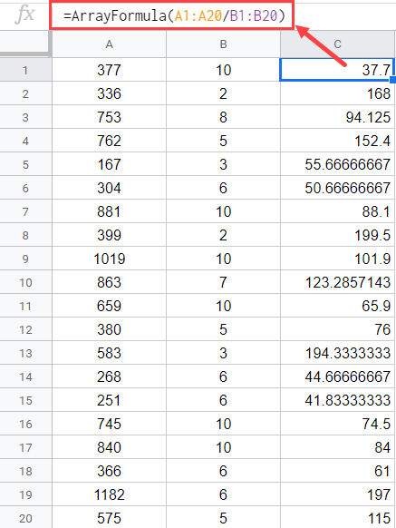 Array formula to divide columns