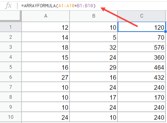 Array formula to multiply columns in Google sheets