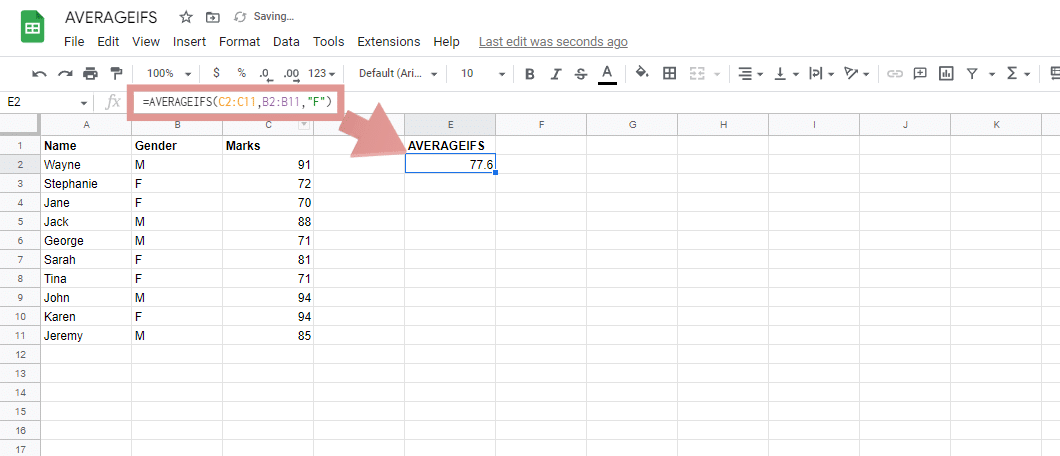 AVERAGEIFS Google Sheets with a single condition