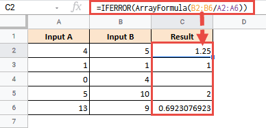 =IFERROR(ArrayFormula(A2:A5/B2:B5))