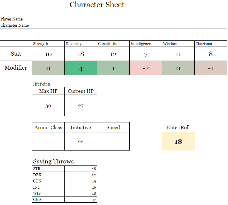 the "enter roll" field that dynamically adjusts other data on the character spreadsheet