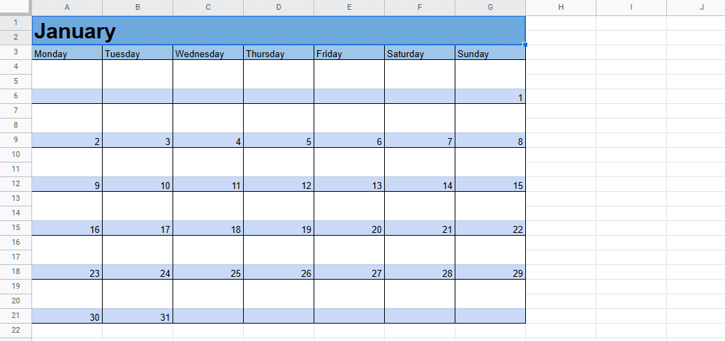 Basic Google Sheets calendar template