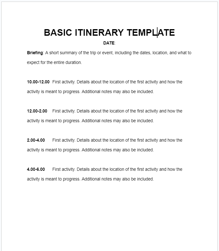 Basic itinerary template example for Google Docs