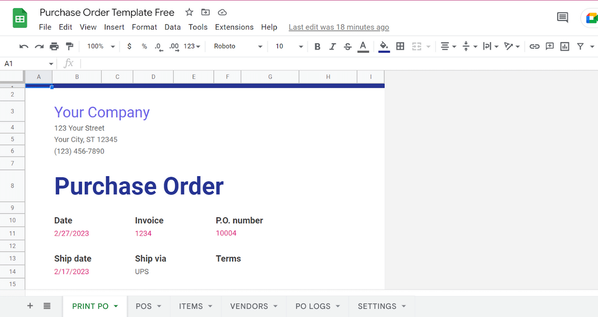 basic purchase order google sheets