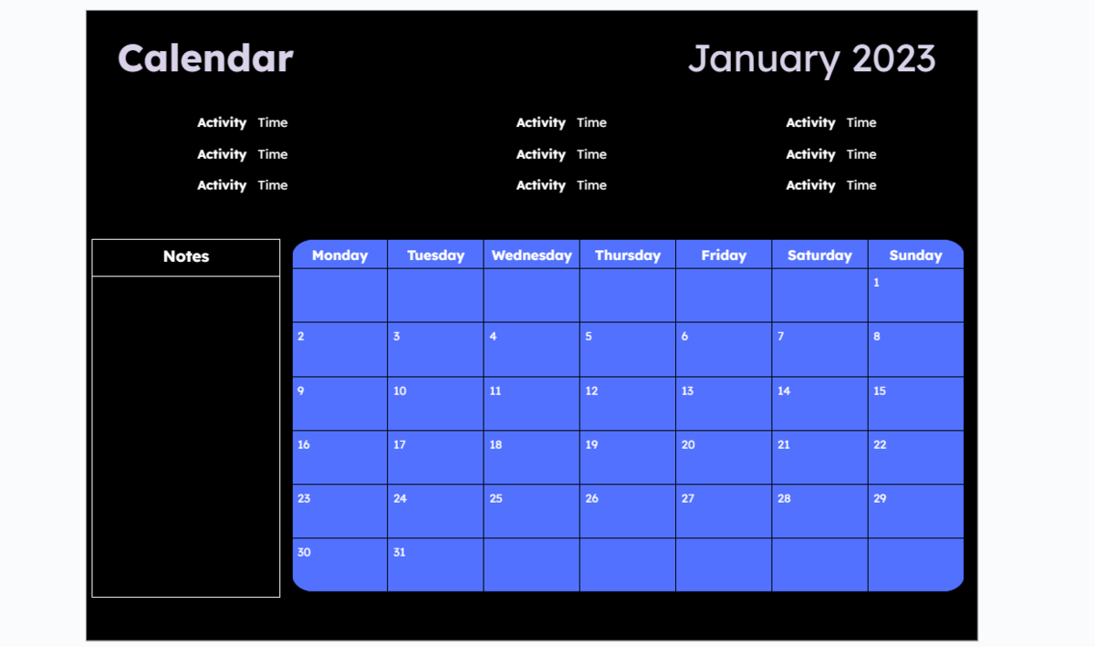 Black and blue Google Docs calendar template