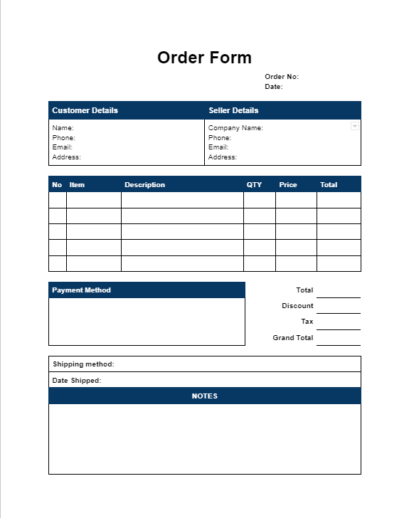 Blue Order Form template for Google Docs