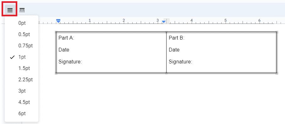 Border weight settings for tables