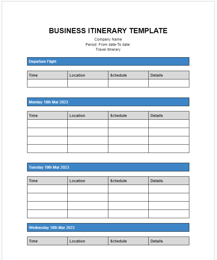 Business itinerary template